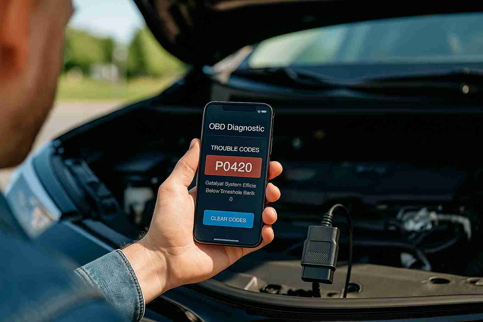 Driver using mobile OBD-II diagnostic app on a sunny day in DeSoto to check engine trouble code P0420 with adapter plugged into car engine
